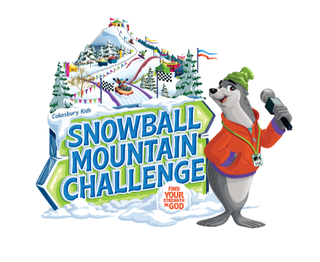 Snowball Mountain Challenge poster with a smiling dog mascot in orange jacket holding a microphone.