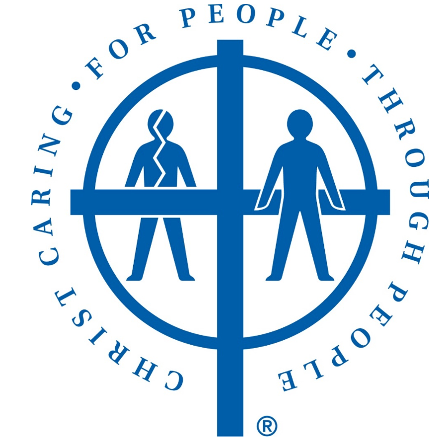 Blue Christian cross logo with two people and text “Caring for People Through Christ” around the circle