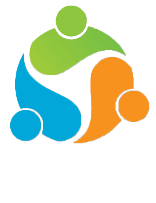Abstract circular logo with four colorful figures in green, blue, orange, and cyan linked in a ring