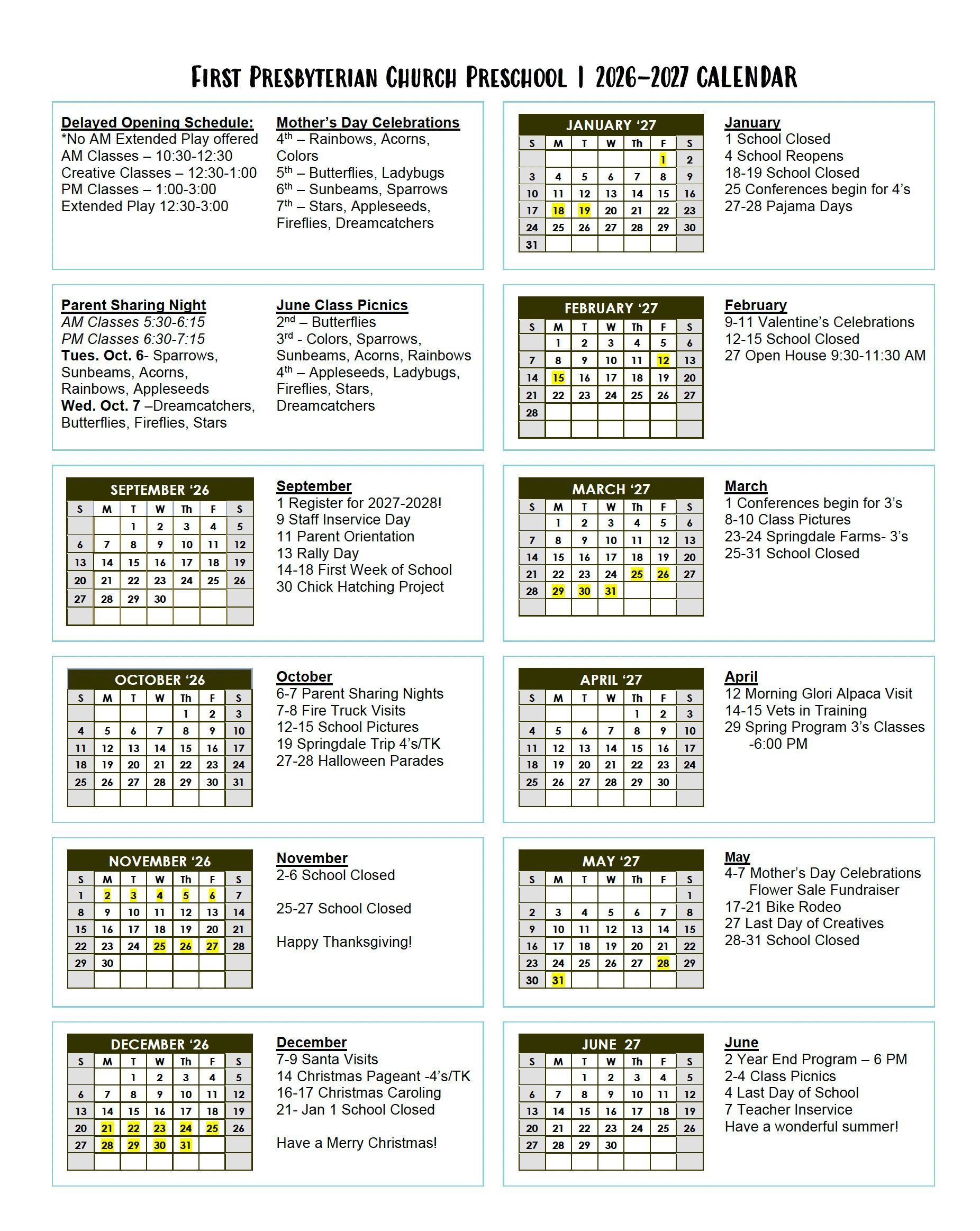 Church preschool 2025-2026 calendar with monthly grids and highlighted dates
