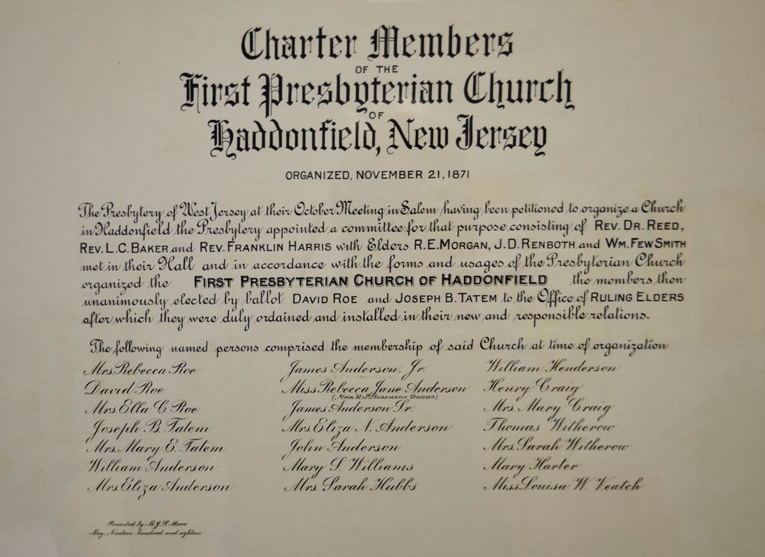Old document listing charter members of the First Presbyterian Church, Trenton, New Jersey.
