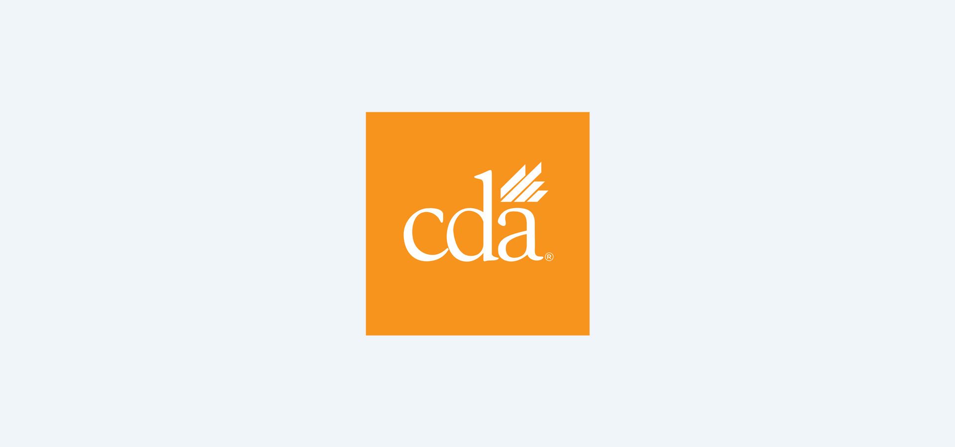 The cda logo is orange and white on a white background.