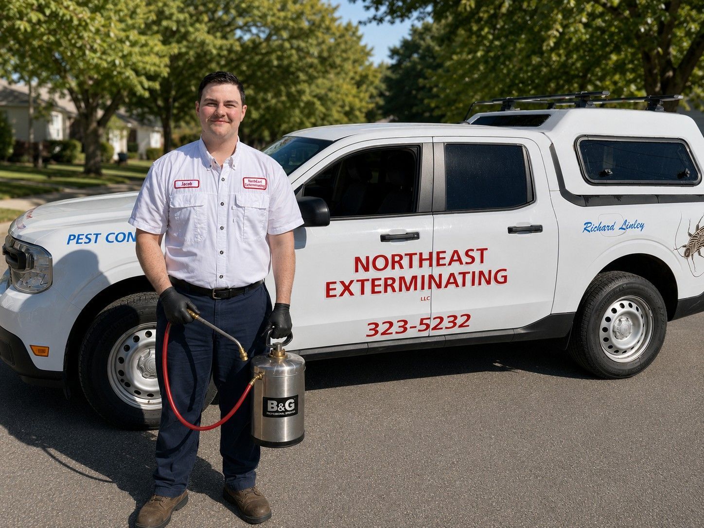 Pest control technician holding sprayer beside a service van outdoors.
