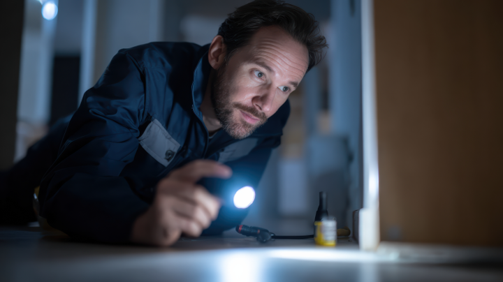 Man inspecting a tabletop with a flashlight in a dim room