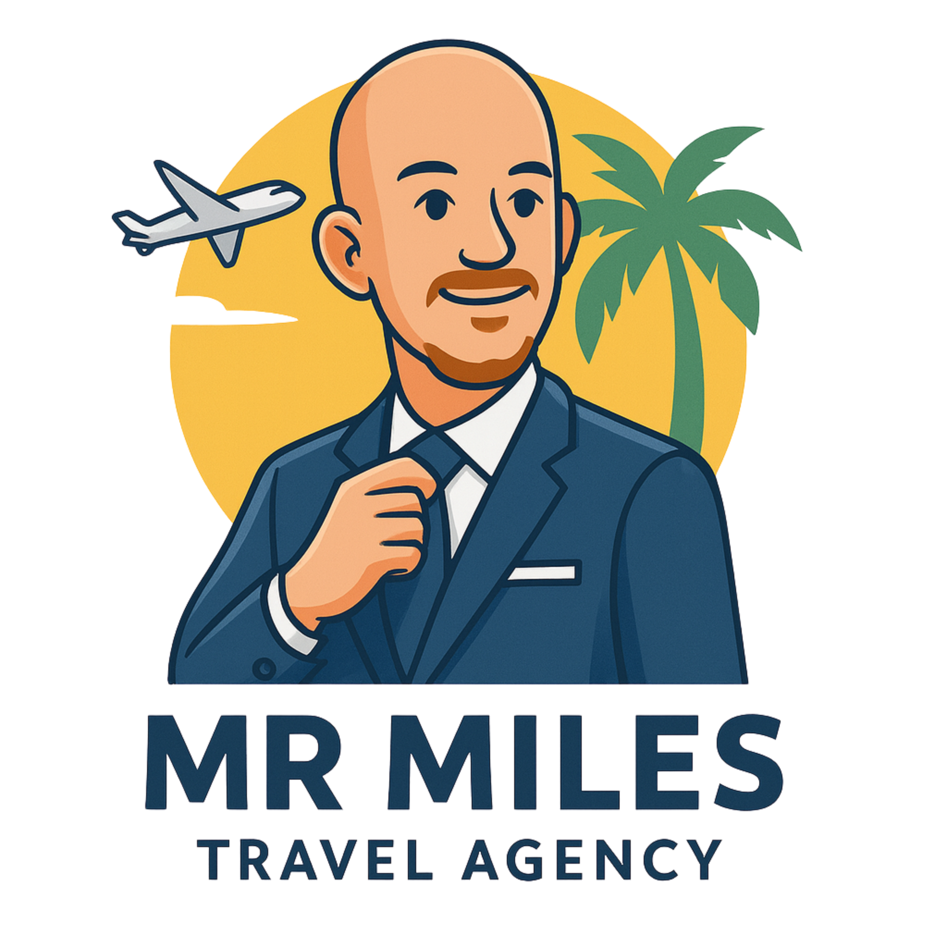 Logo of bald man in suit adjusting tie, with airplane, palm tree, and 
