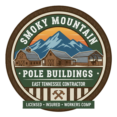 Logo for Smoky Mountain Pole Buildings, featuring barns, mountains, and text.