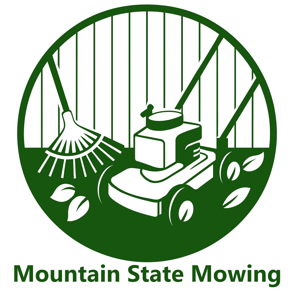 Green logo: Lawn mower and rake in a circle, with a fence background. "Mountain State Mowing" text.