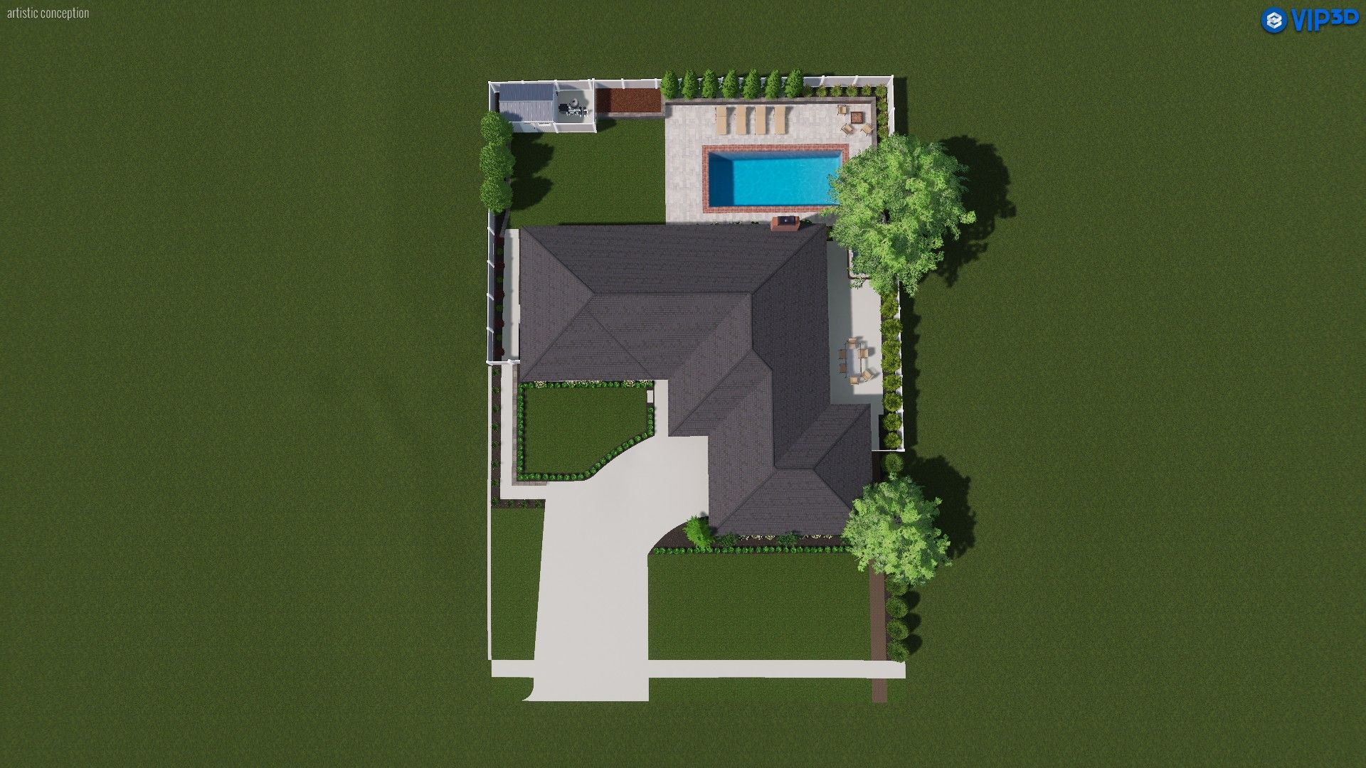 Top-down view of a house with a pool, spa, and landscaping on a green lawn.
