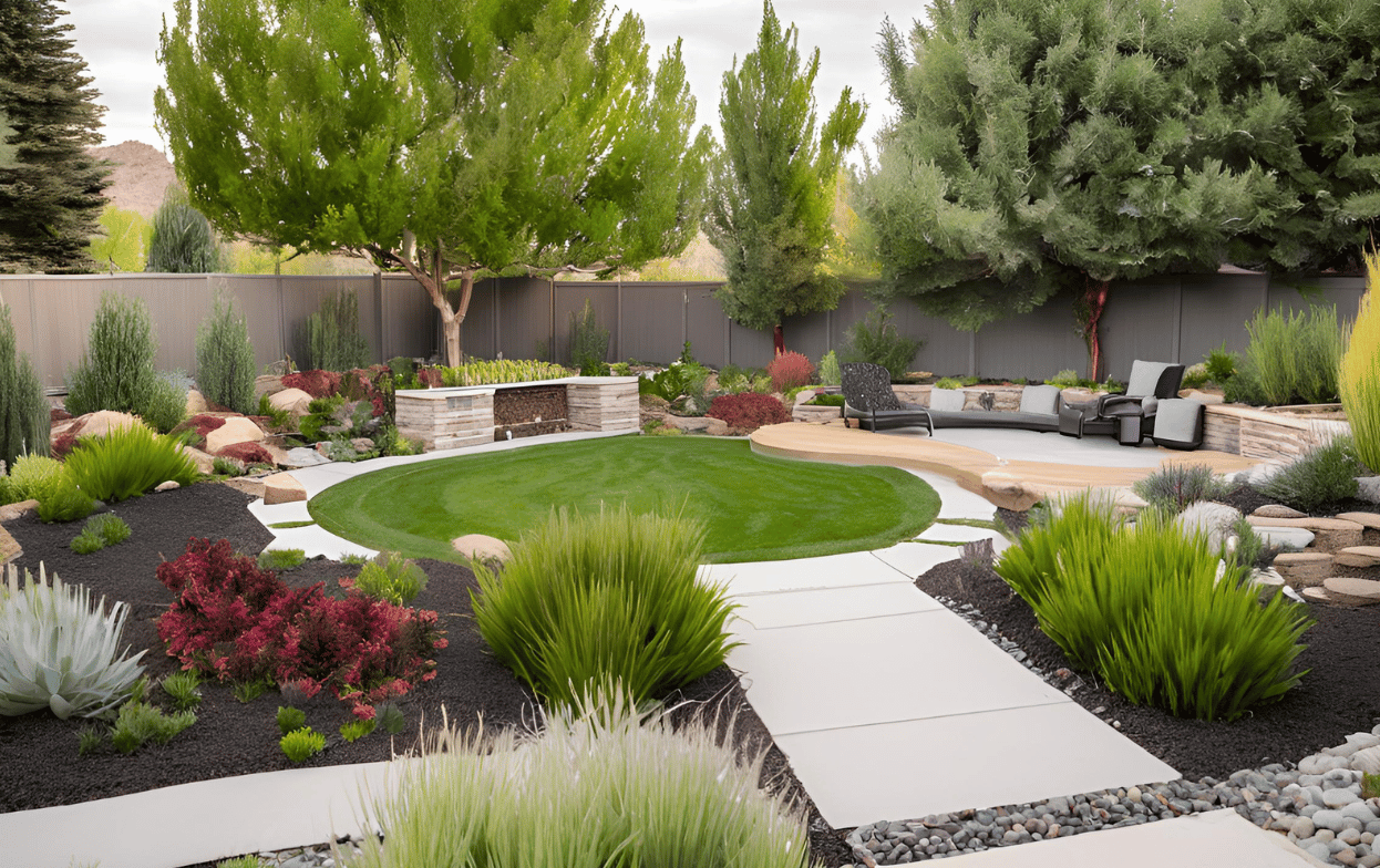Landscaped backyard with lawn, stone paths, and varied plants. Gray fence, green trees, and a seating area.