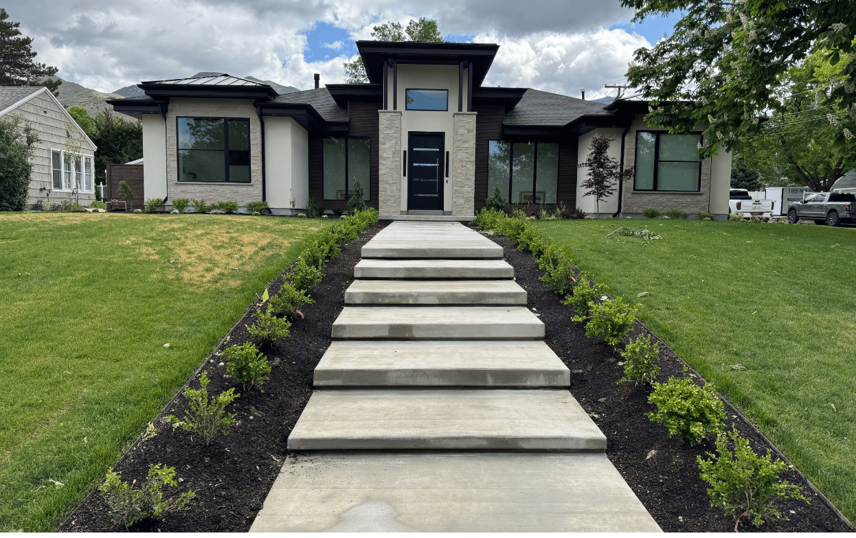 Modern house with concrete steps leading to a black front door, flanked by landscaping.