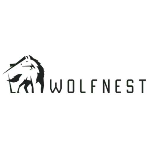 Black and white logo: wolf silhouette in front of a stylized shelter, "WOLFNEST" text to the right.