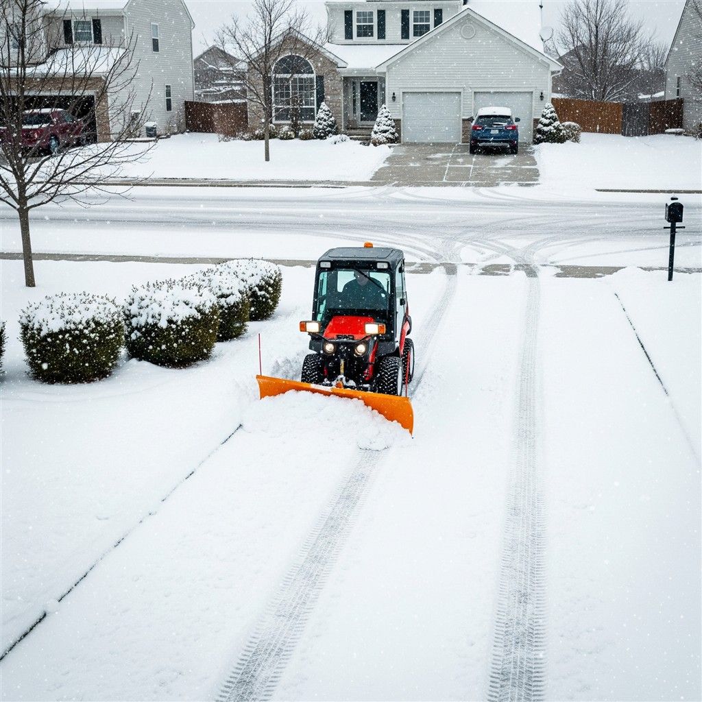 Snowplow clearing a driveway in a residential neighborhood. Orange plow blade, tractor. Snowy scene.