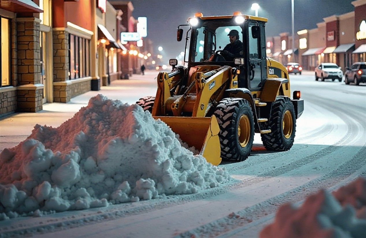 A yellow snowplow clearing a snow-covered street in front of shops at night.