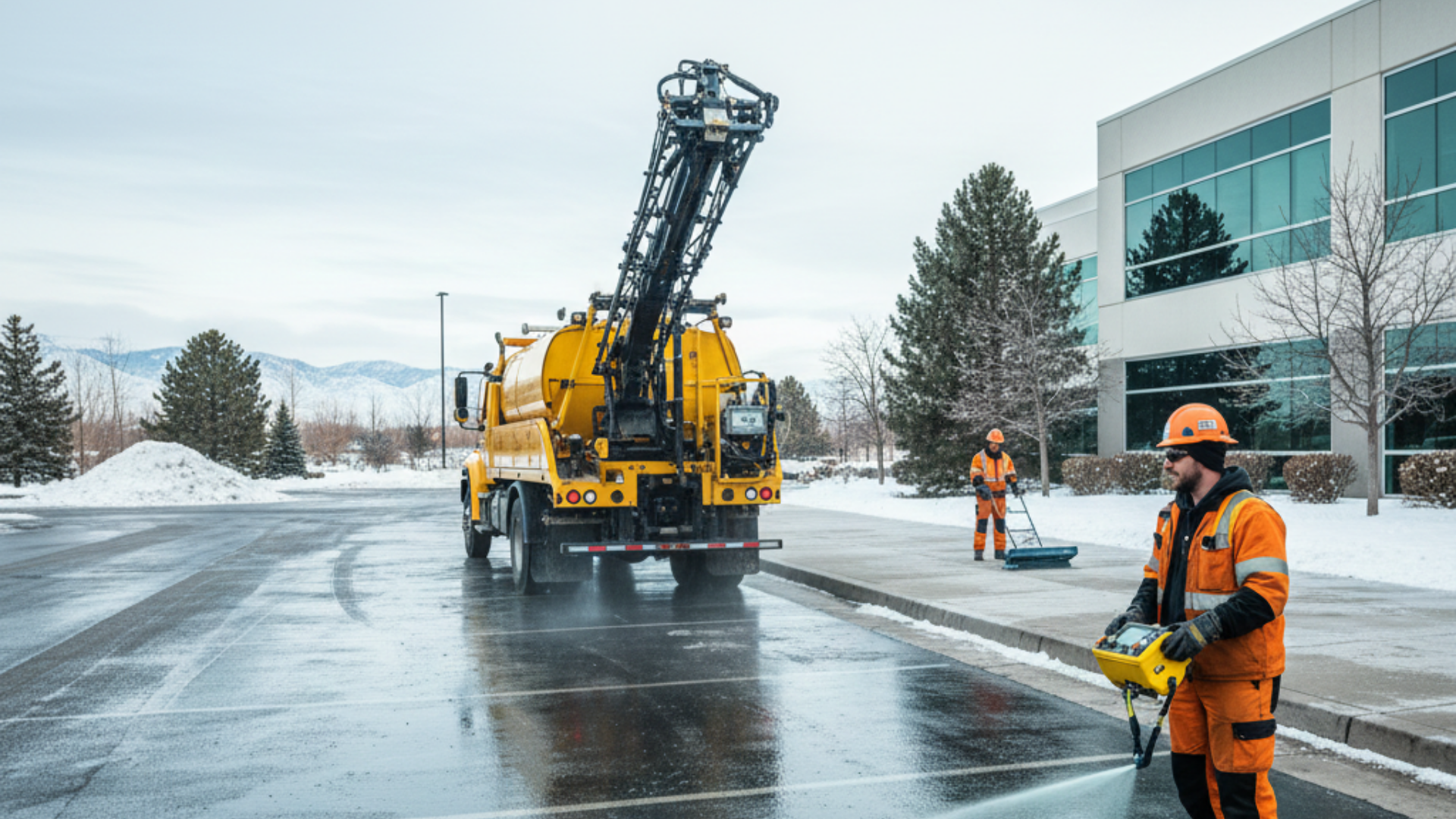 Ice management equipment applying deicing solution to prevent icy surfaces on commercial properties in Utah - equipment used by Activescapes