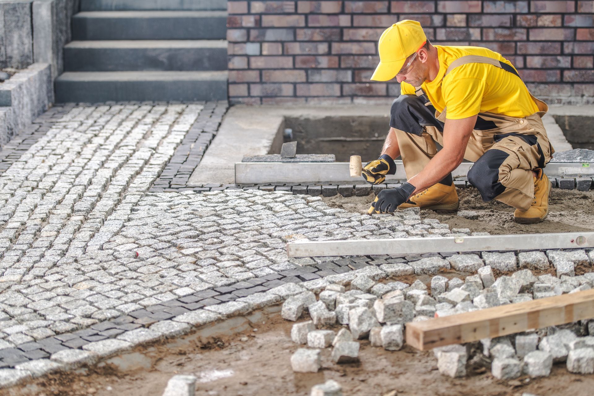 Construction worker laying cobblestone pathway, using a hammer and level. Landscape design planning work in Salt Lake City, UT