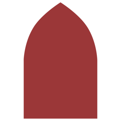 Red, arched shape, similar to a church window or a stylized shield.