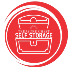 A red circular logo featuring a white line drawing of an open treasure chest with the text "TREASURE CHEST SELF STORAGE".