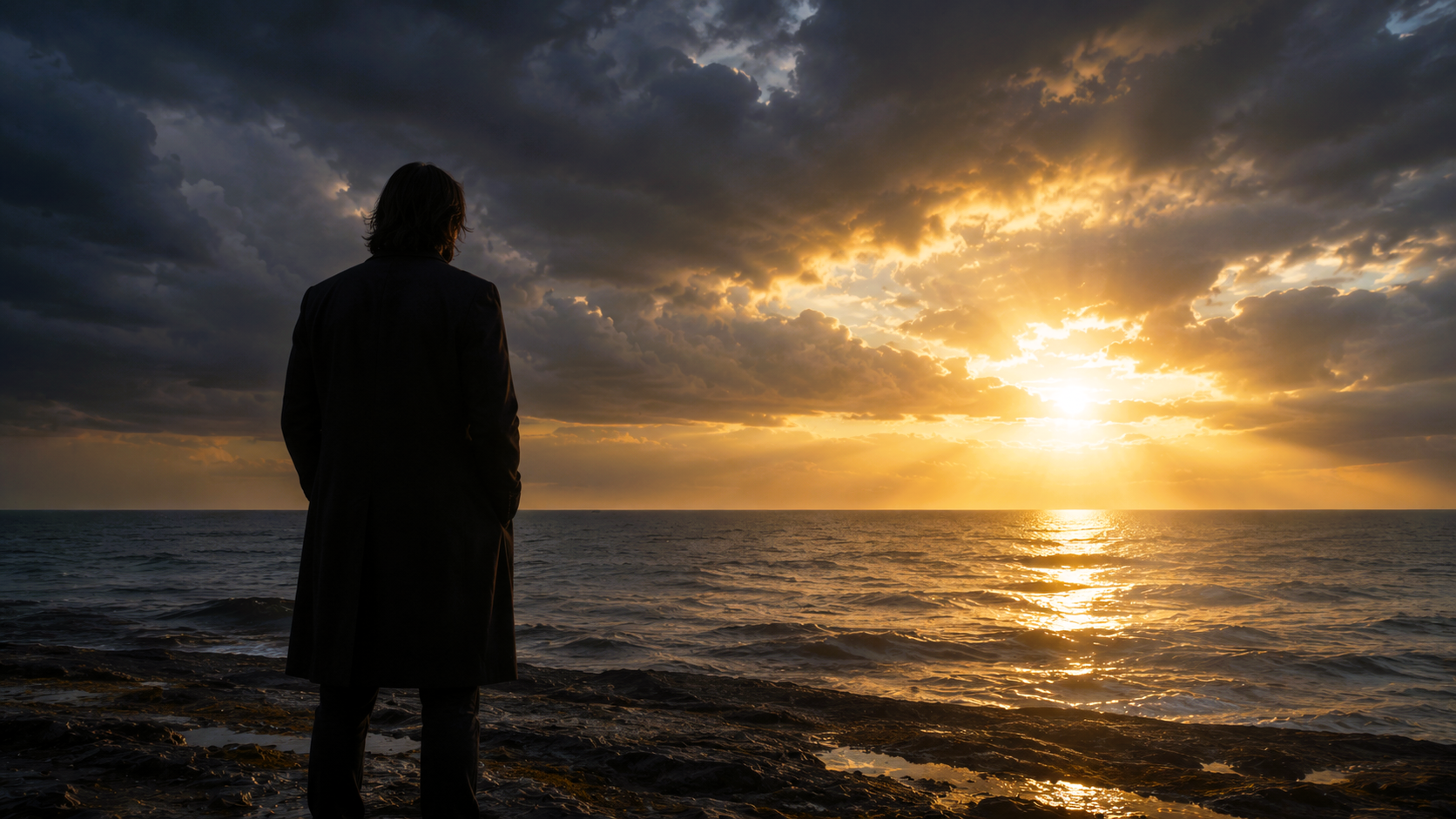 Keanu Reeves gazes across the ocean at sunrise, reflecting the uncertain future awaiting his upcoming thriller Shiver.