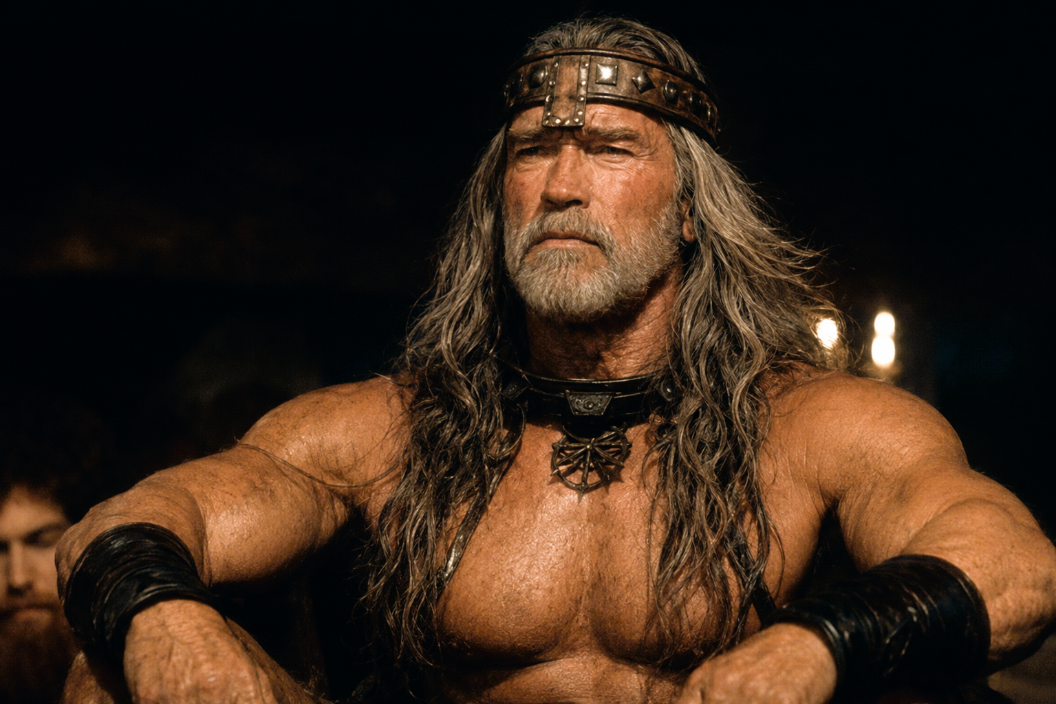An older King Conan, inspired by Arnold Schwarzenegger at 78, sits in contemplation with long grey hair and a white beard, reflecting the passage of time and the burden of experience.