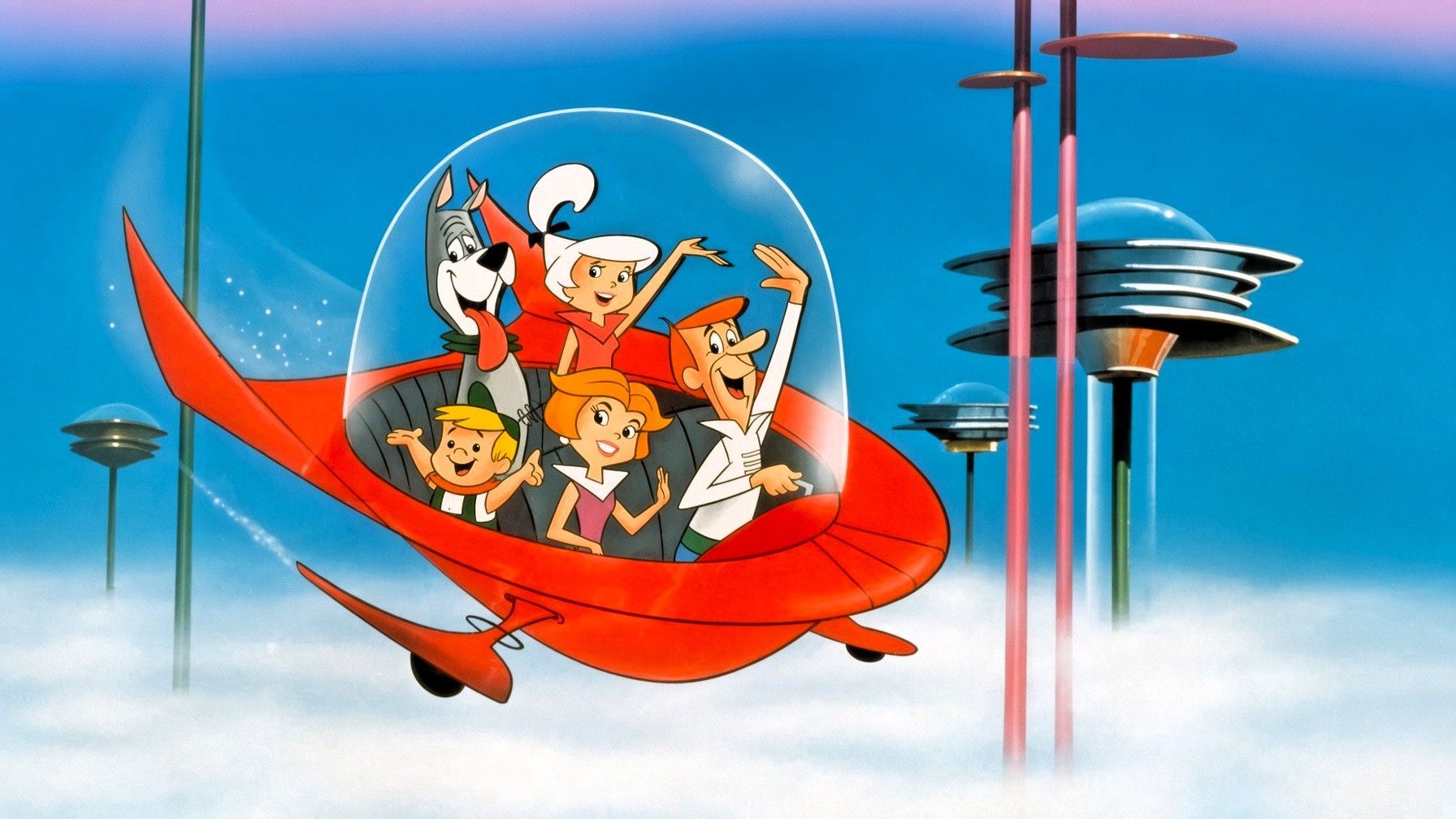 The Jetson family flying through the clouds above the futuristic towers of Orbit City