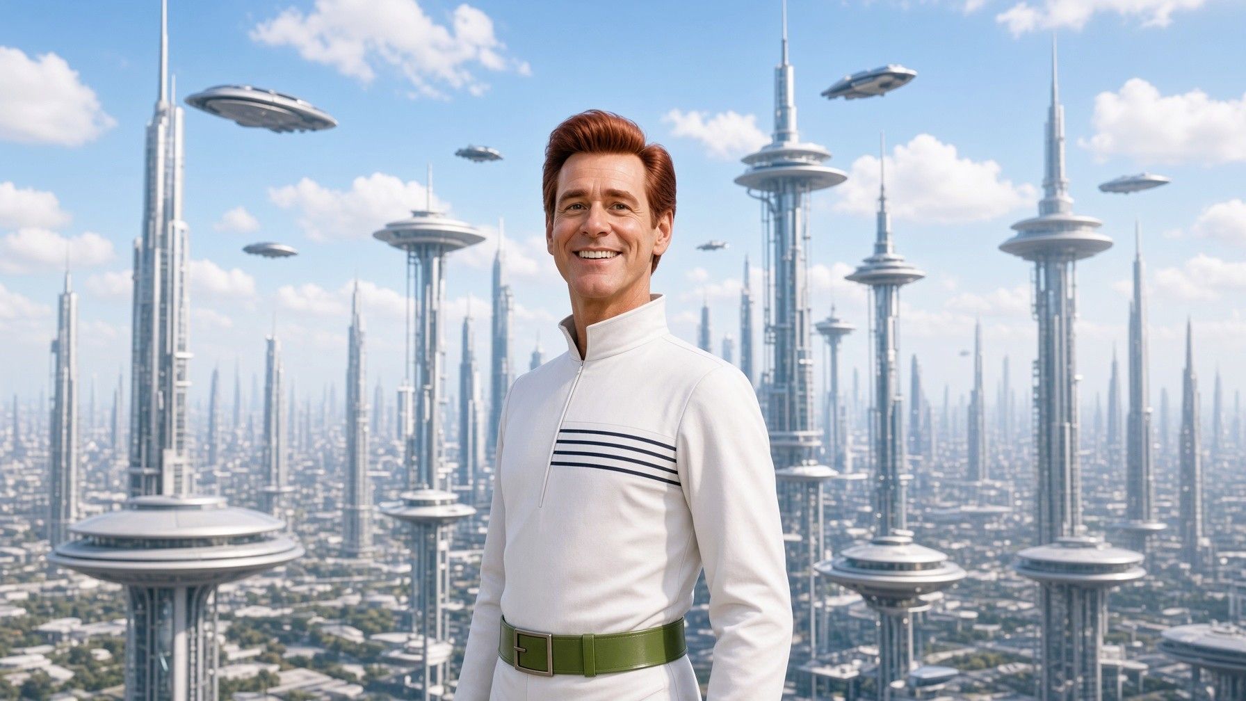 Jim Carrey as George Jetson in the forthcoming live-action The Jetsons movie Jim Carrey as George Jetson standing in a futuristic Orbit City skyline with flying cars