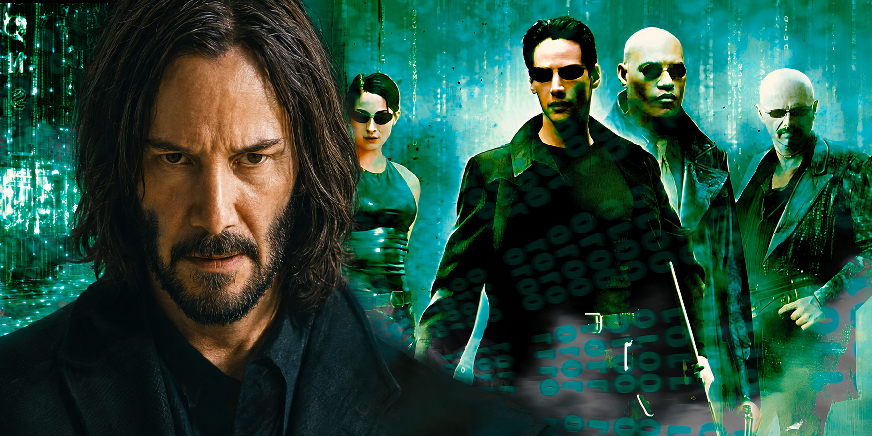 More than two decades separate Neo's first appearance from his return in The Matrix Resurrections. Neo alongside characters from The Matrix, contrasting his later appearance with the original 1999 film.