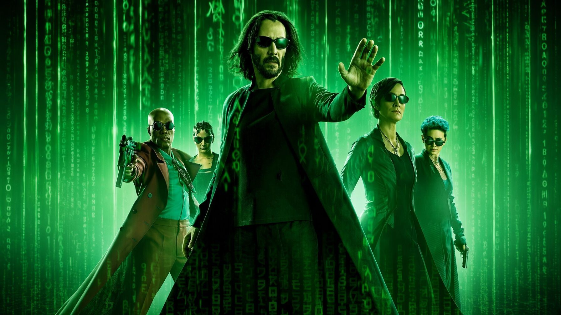 Neo stands at the centre of characters from across The Matrix films against cascading green digital code.