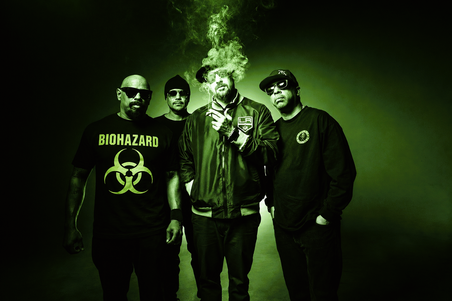 Cypress Hill promotional photo featuring the band against a green backdrop ahead of Download Festival 2026.