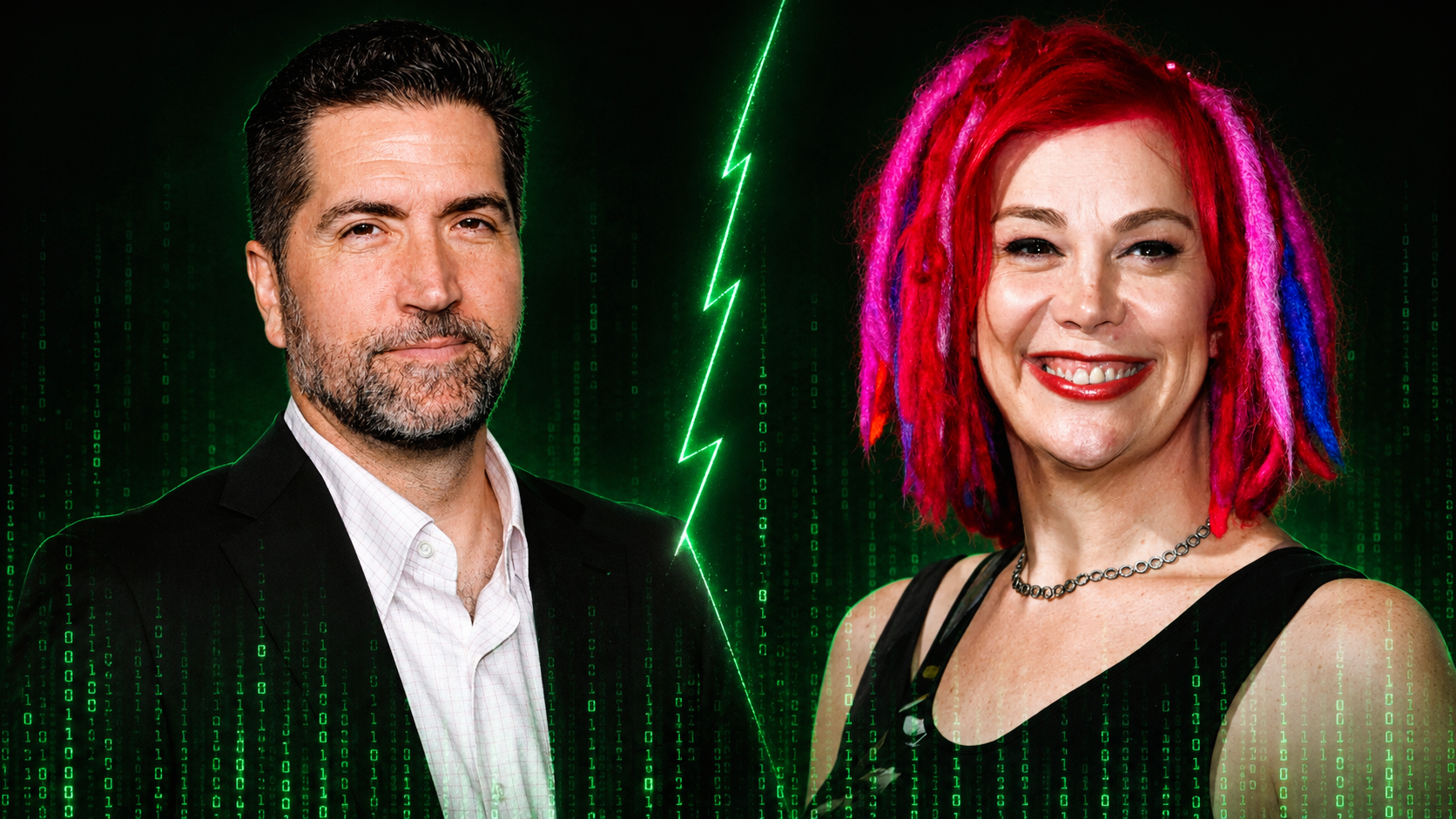Drew Goddard and Lana Wachowski pictured against a backdrop of green Matrix digital code.