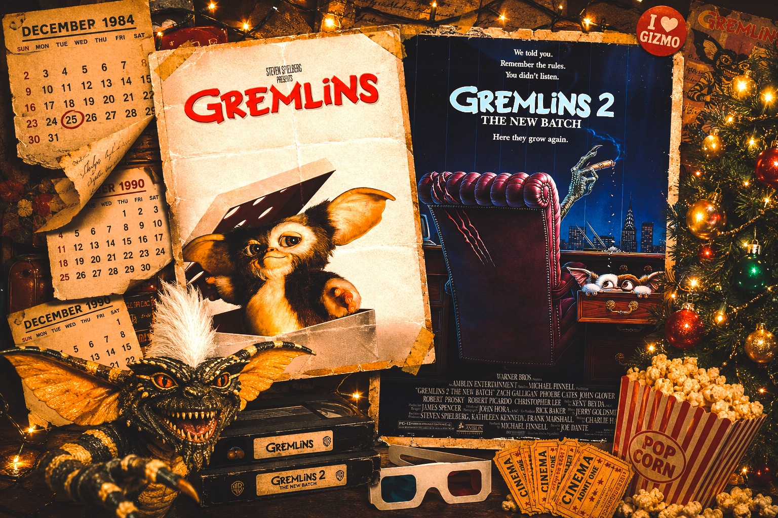 Gremlins and Gremlins 2 memorabilia alongside Gizmo, highlighting the 37-year wait for Gremlins 3.