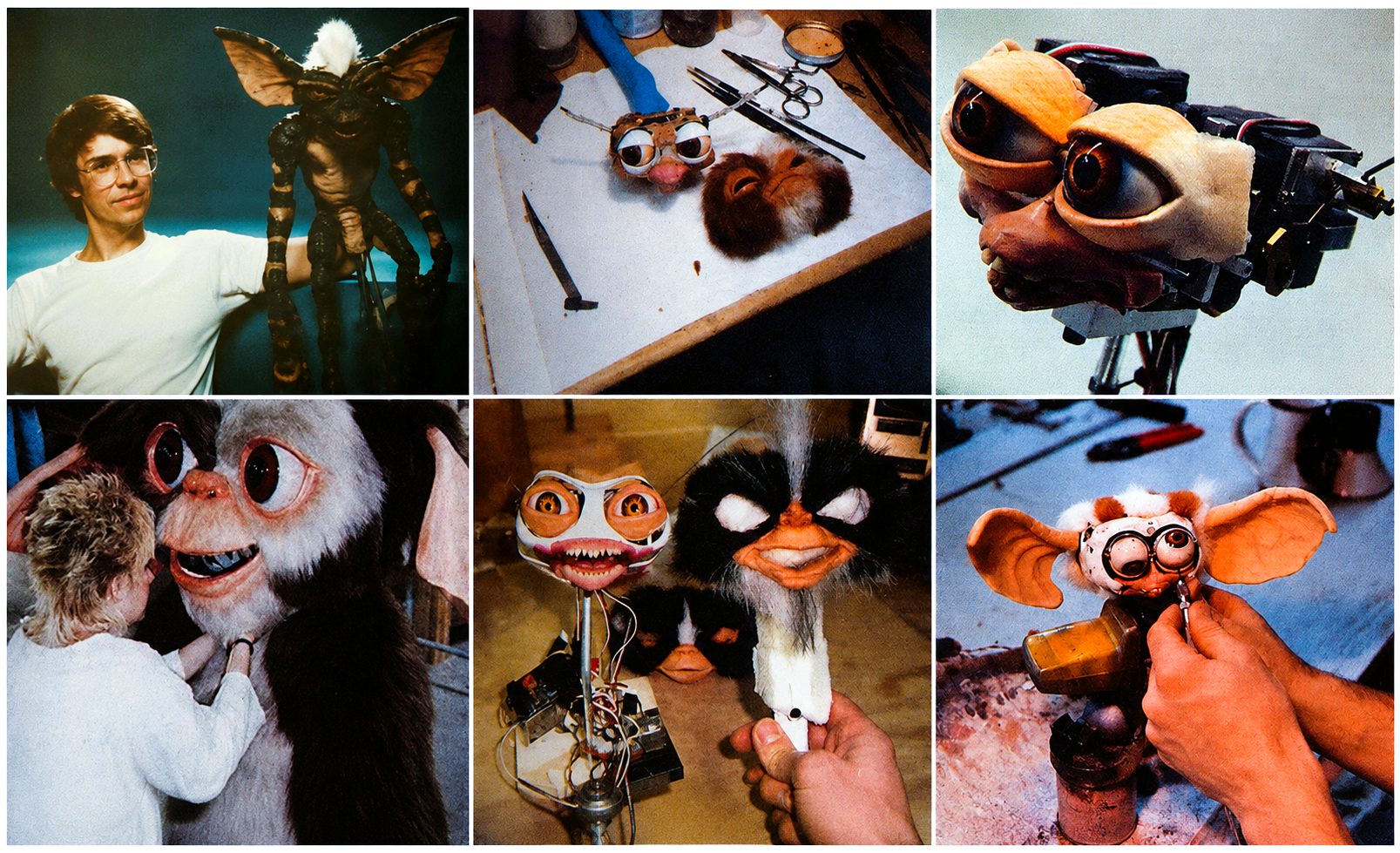 Behind-the-scenes collage showing Gizmo animatronics, puppets and practical effects used during the production of the original Gremlins films.