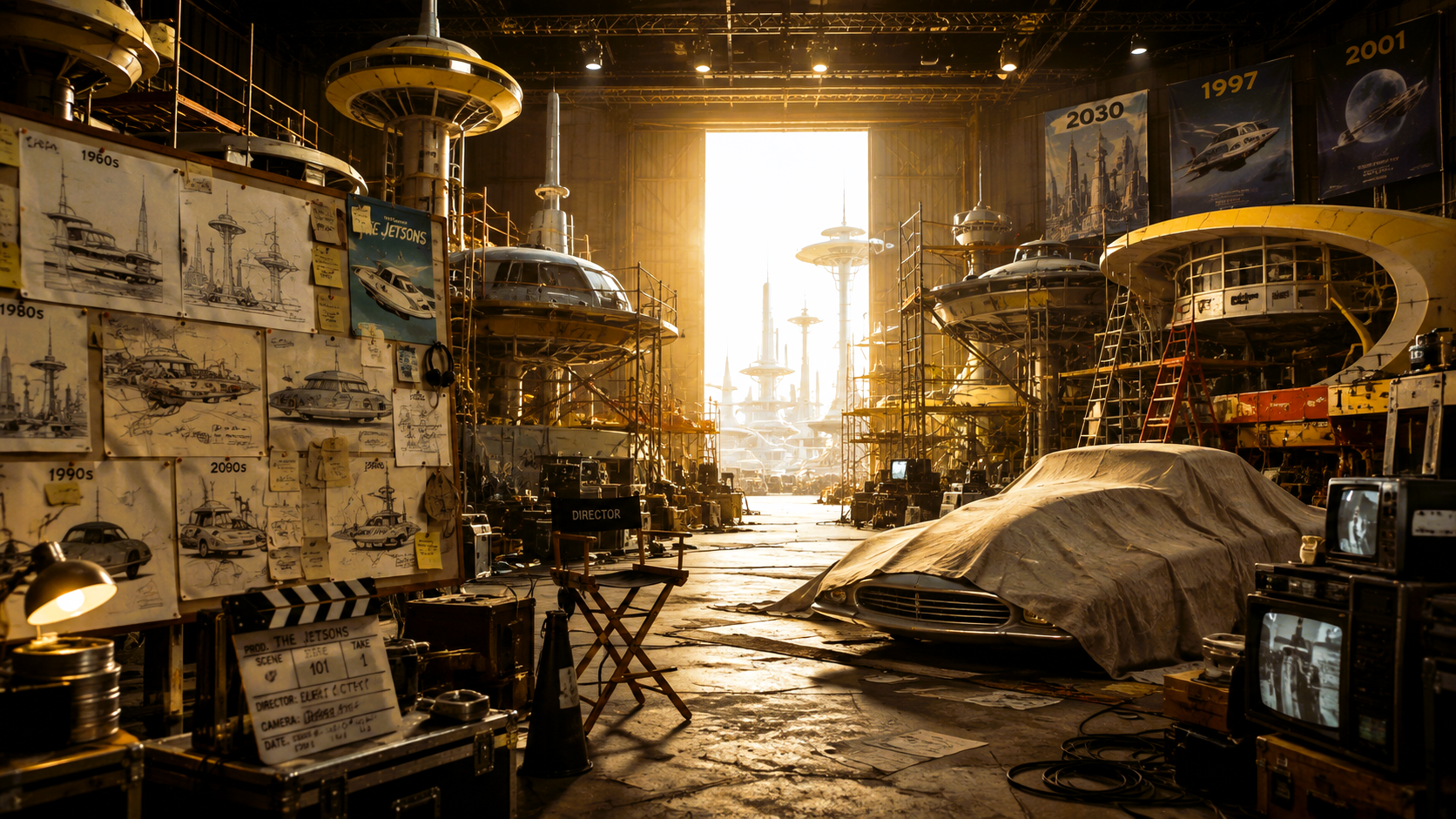 Unfinished Orbit City film set filled with futuristic towers, concept art and abandoned production equipment