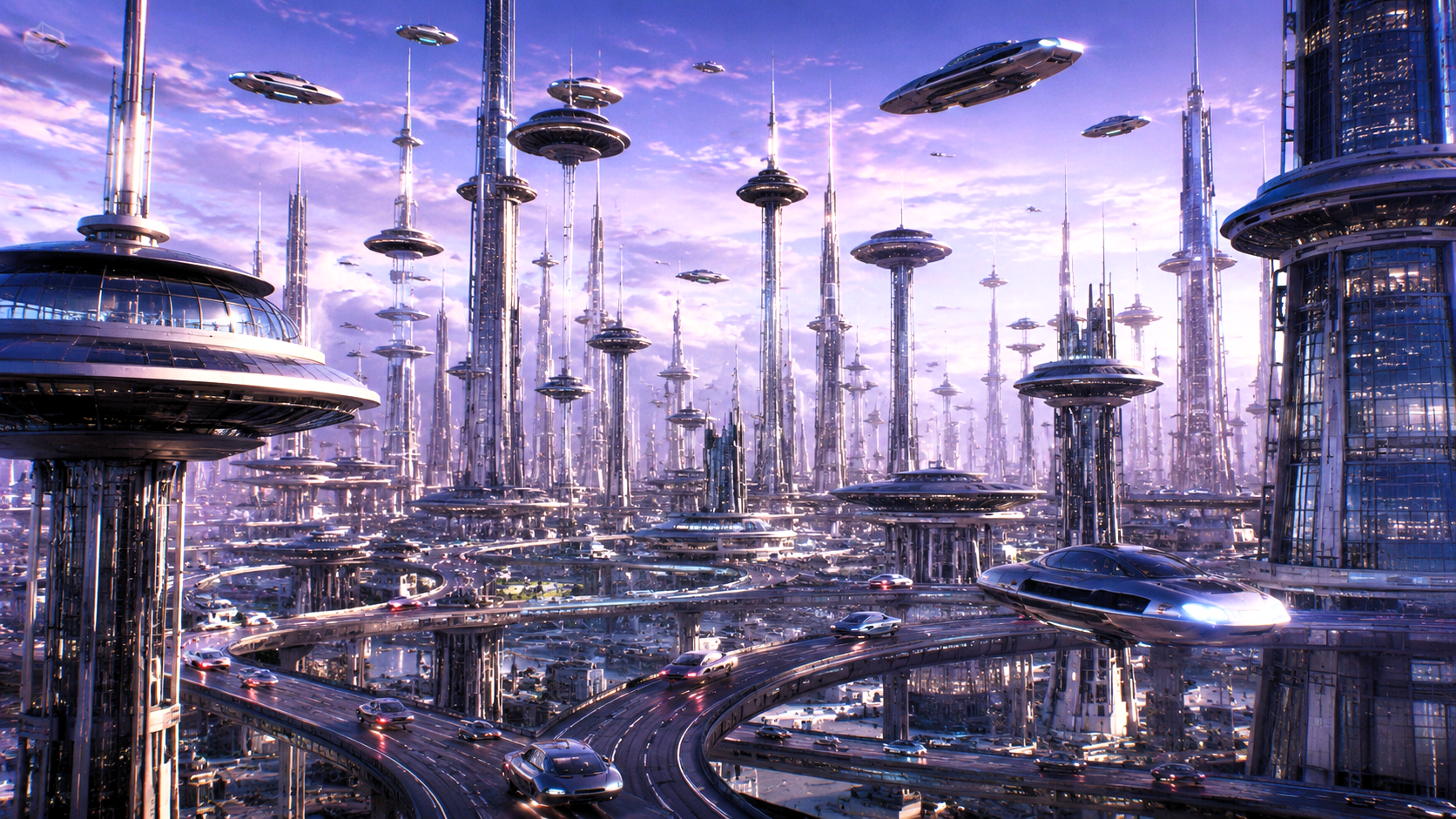Futuristic live-action vision of Orbit City with elevated highways, towering skyscrapers and flying cars