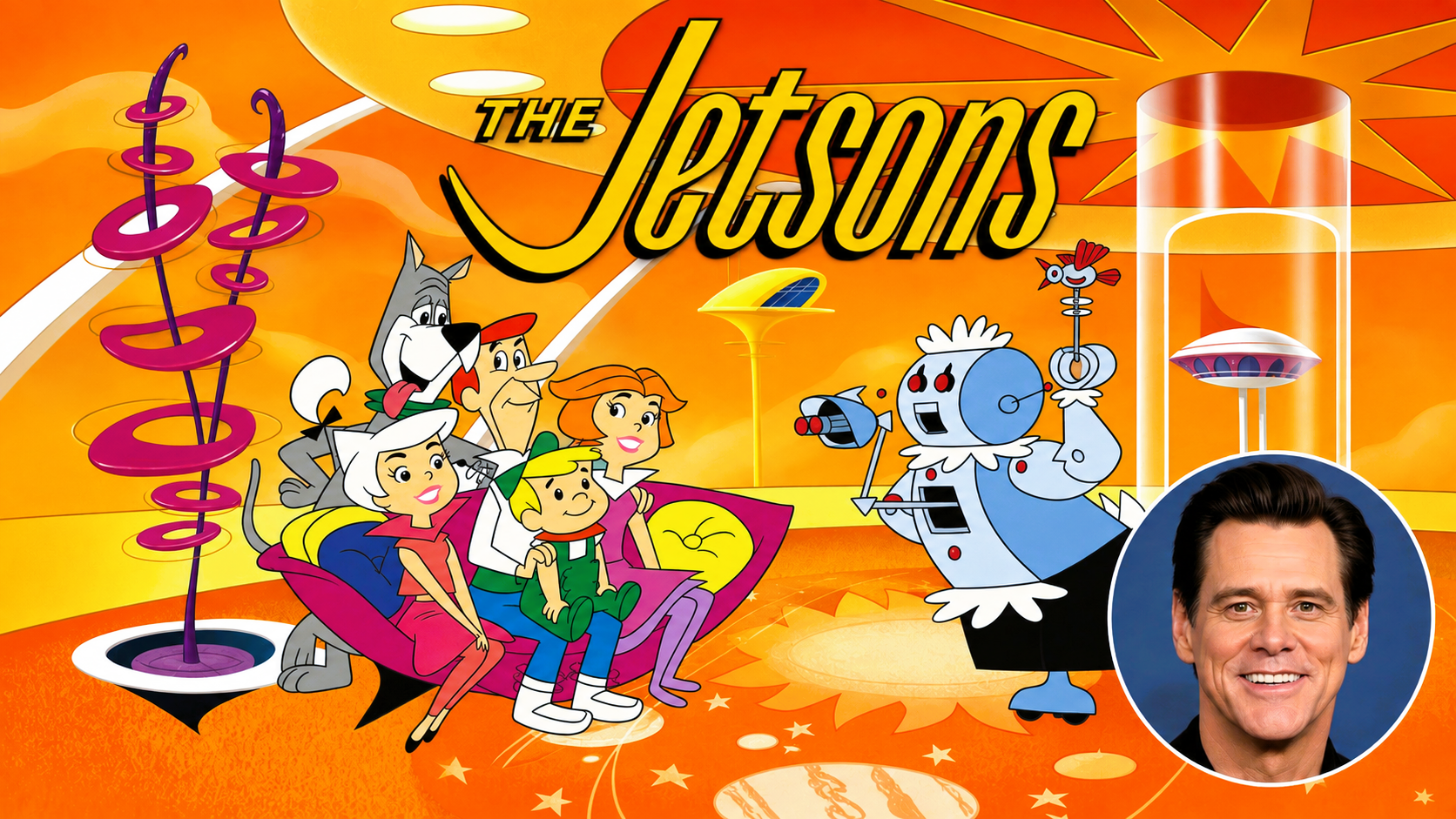 The Jetsons family in Orbit City alongside Jim Carrey.