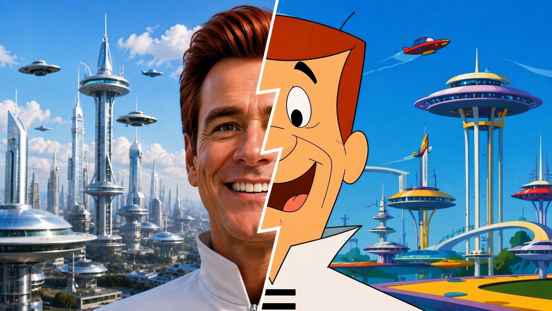Jim Carrey and George Jetson split-face portrait against live-action and animated versions of Orbit City