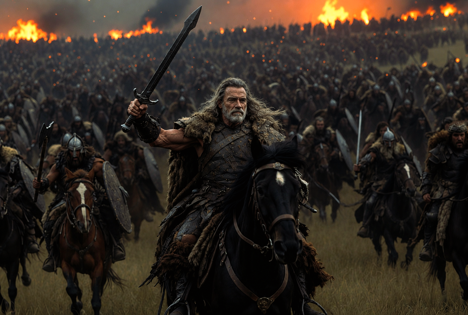 An older King Conan leads a cavalry charge across a battlefield, raising his sword high as thousands of warriors and distant fires fill the horizon.