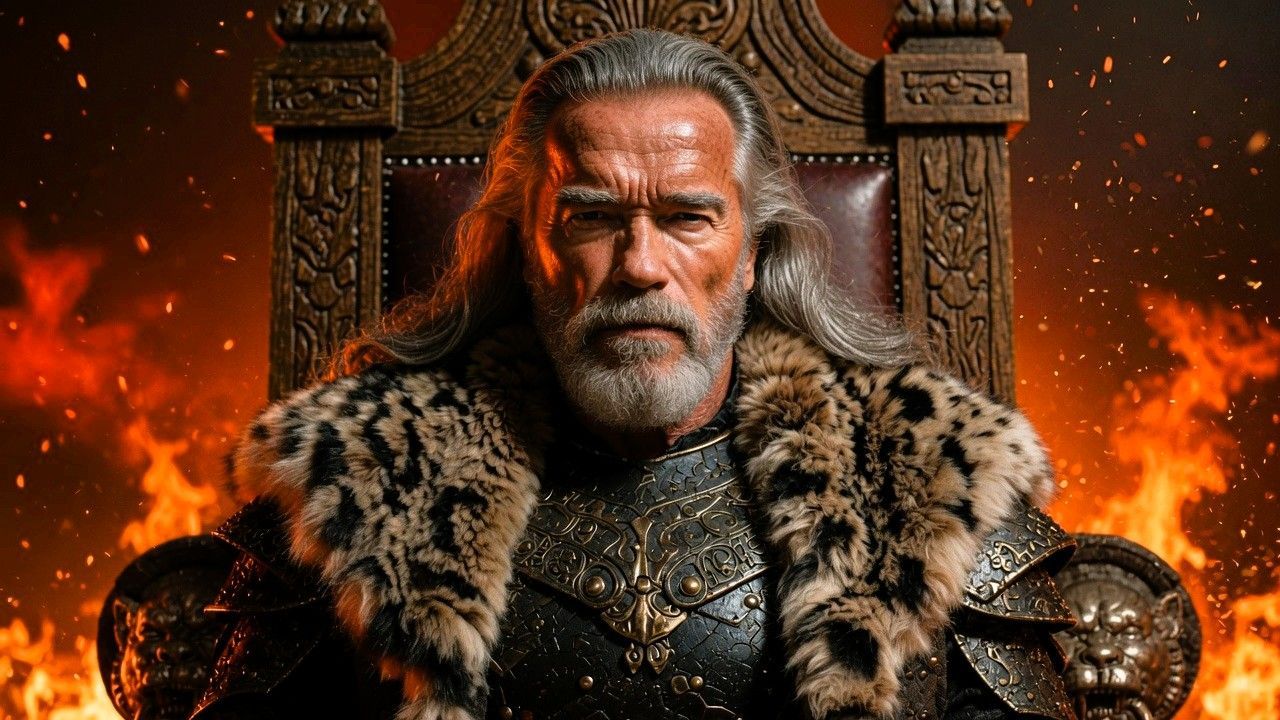Fantasy artwork depicting an older Arnold Schwarzenegger as King Conan inspired by the Hyborian Age
