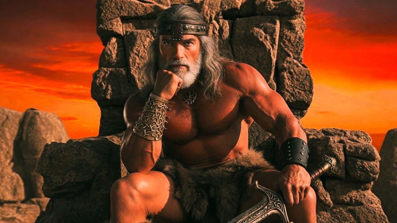 An older King Conan sits in contemplation upon a stone throne beneath a crimson sky, reflecting on the burden and responsibility of kingship.