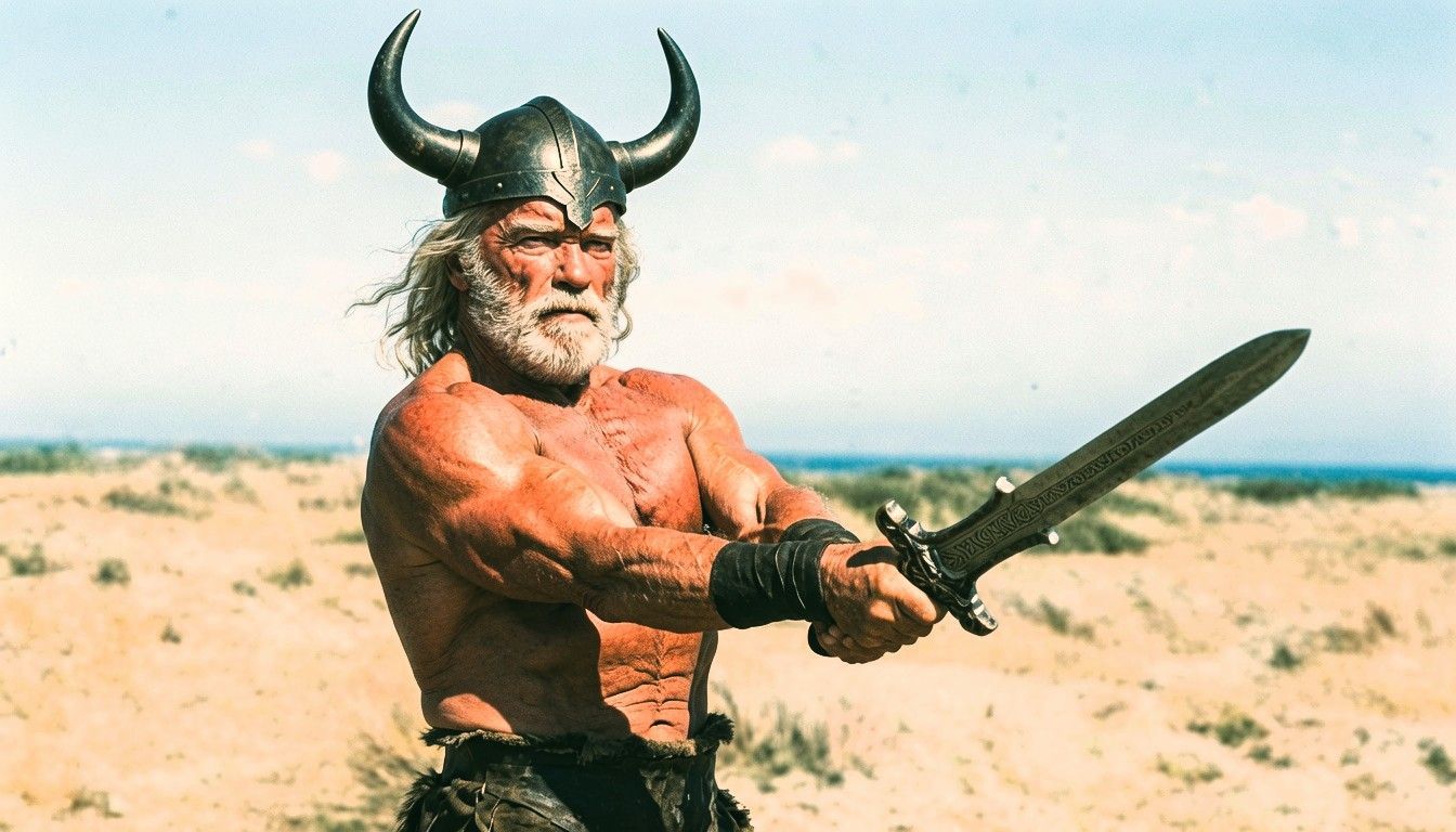 An older King Conan stands ready for battle beneath a clear sky, gripping his sword with both hands while wearing a horned helmet and battle-worn attire.