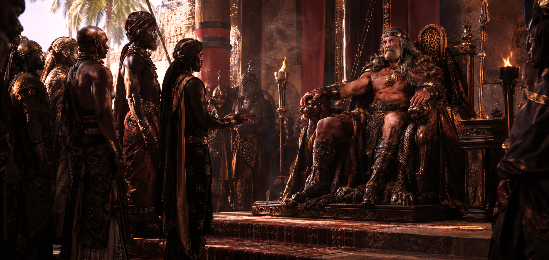 King Conan, depicted as an older grey-haired and white-bearded ruler inspired by Arnold Schwarzenegger, sits upon his throne receiving richly dressed emissaries and nobles in a grand Hyborian court filled with incense, torchlight and regal splendour.