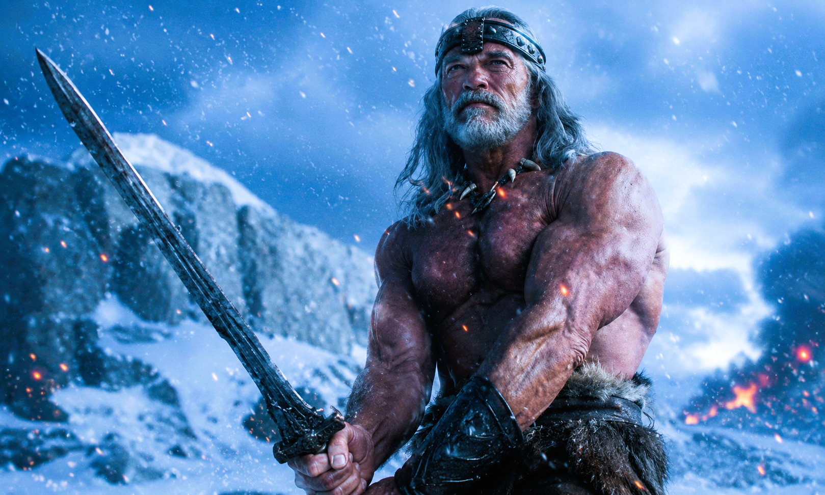 A battle-worn King Conan, depicted as an older grey-haired warrior inspired by Arnold Schwarzenegger, stands in a snow-covered landscape with sword in hand as embers drift through the icy air.