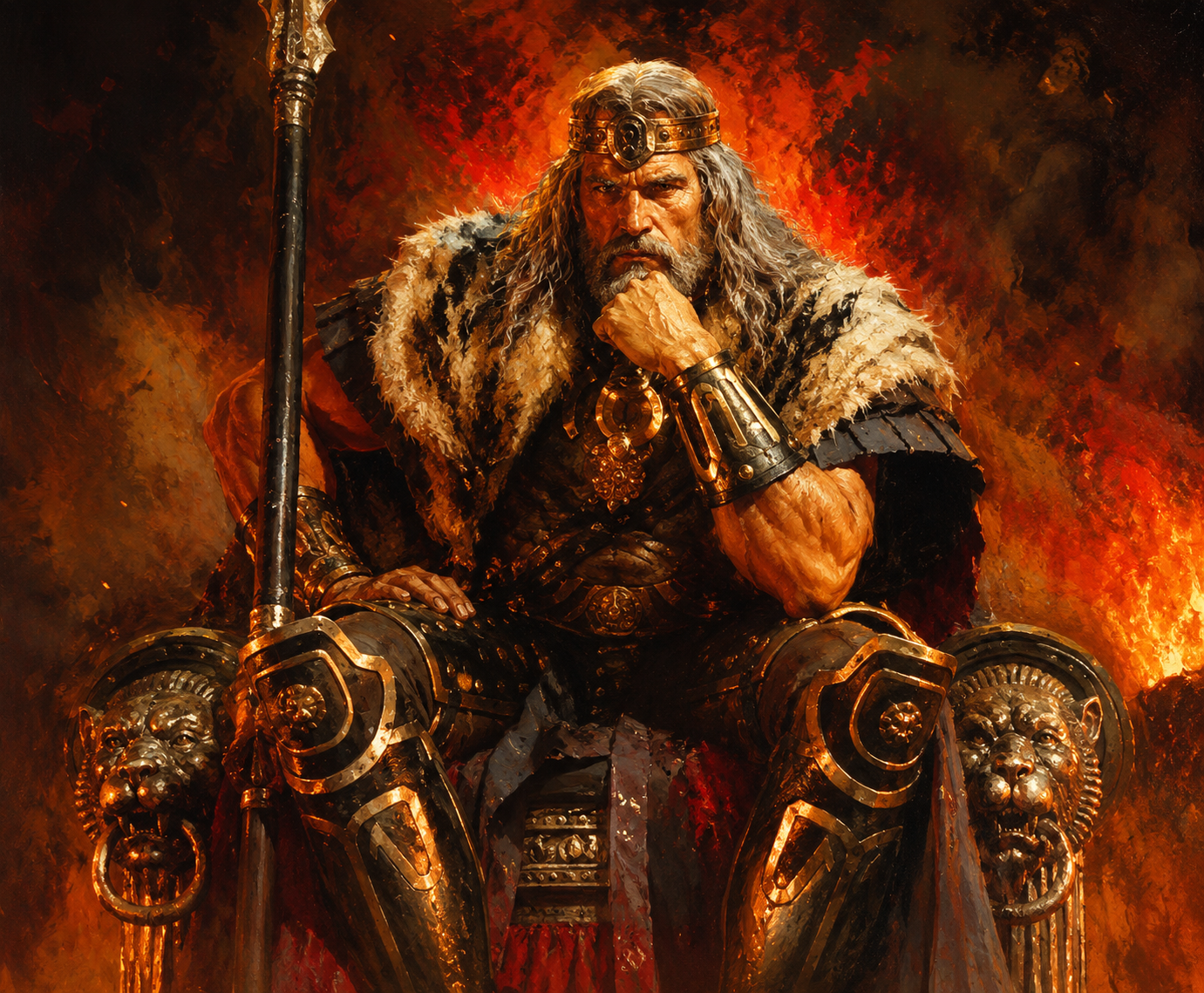 A richly coloured fantasy painting of an older King Conan, inspired by Arnold Schwarzenegger, seated upon a throne amid fire and shadow, embodying the ageing barbarian king imagined for the long-rumoured sequel.