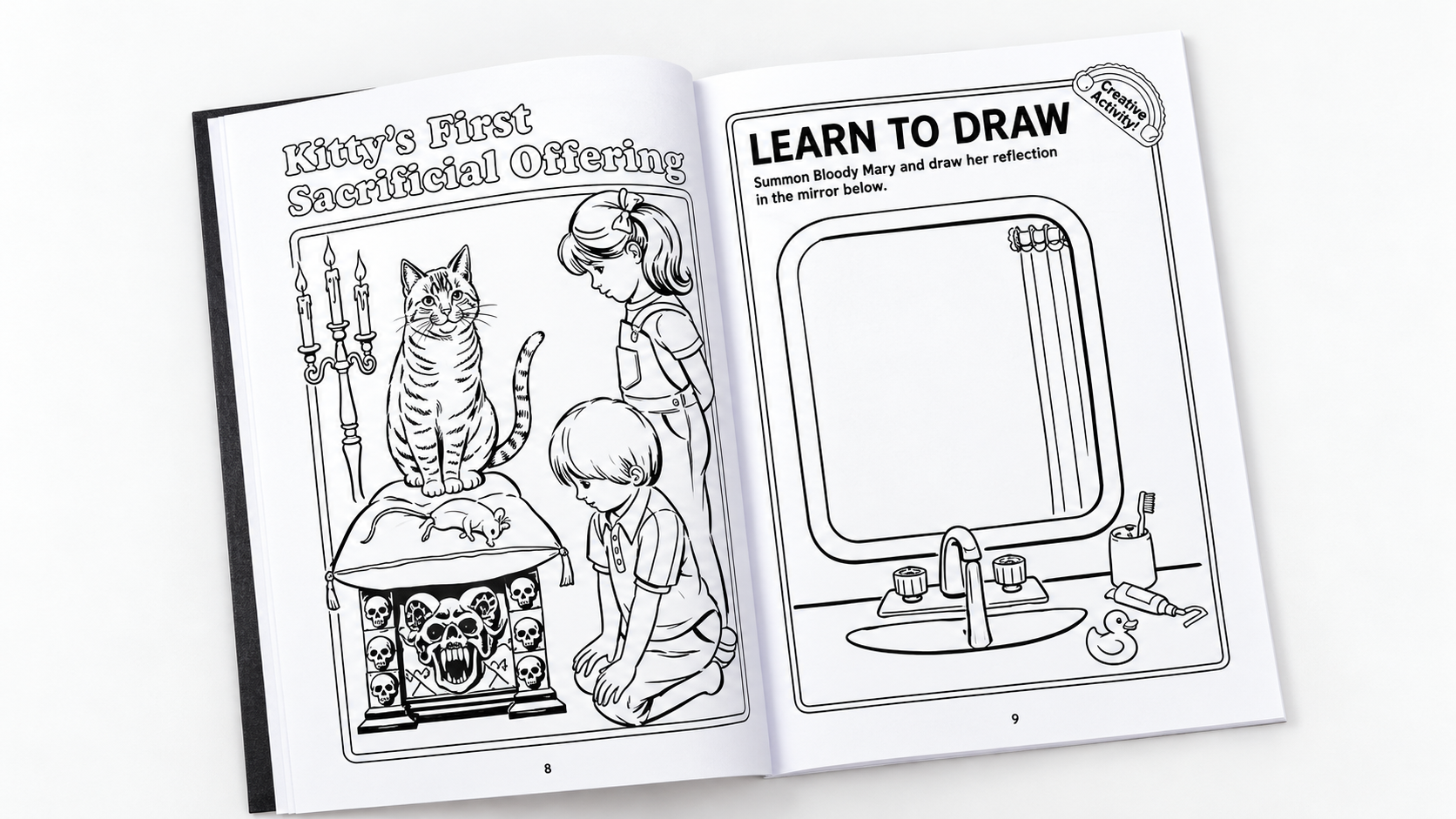 Open black-and-white activity book showing a creepy cat illustration and a Learn to Draw page, inspired by vintage children's books.