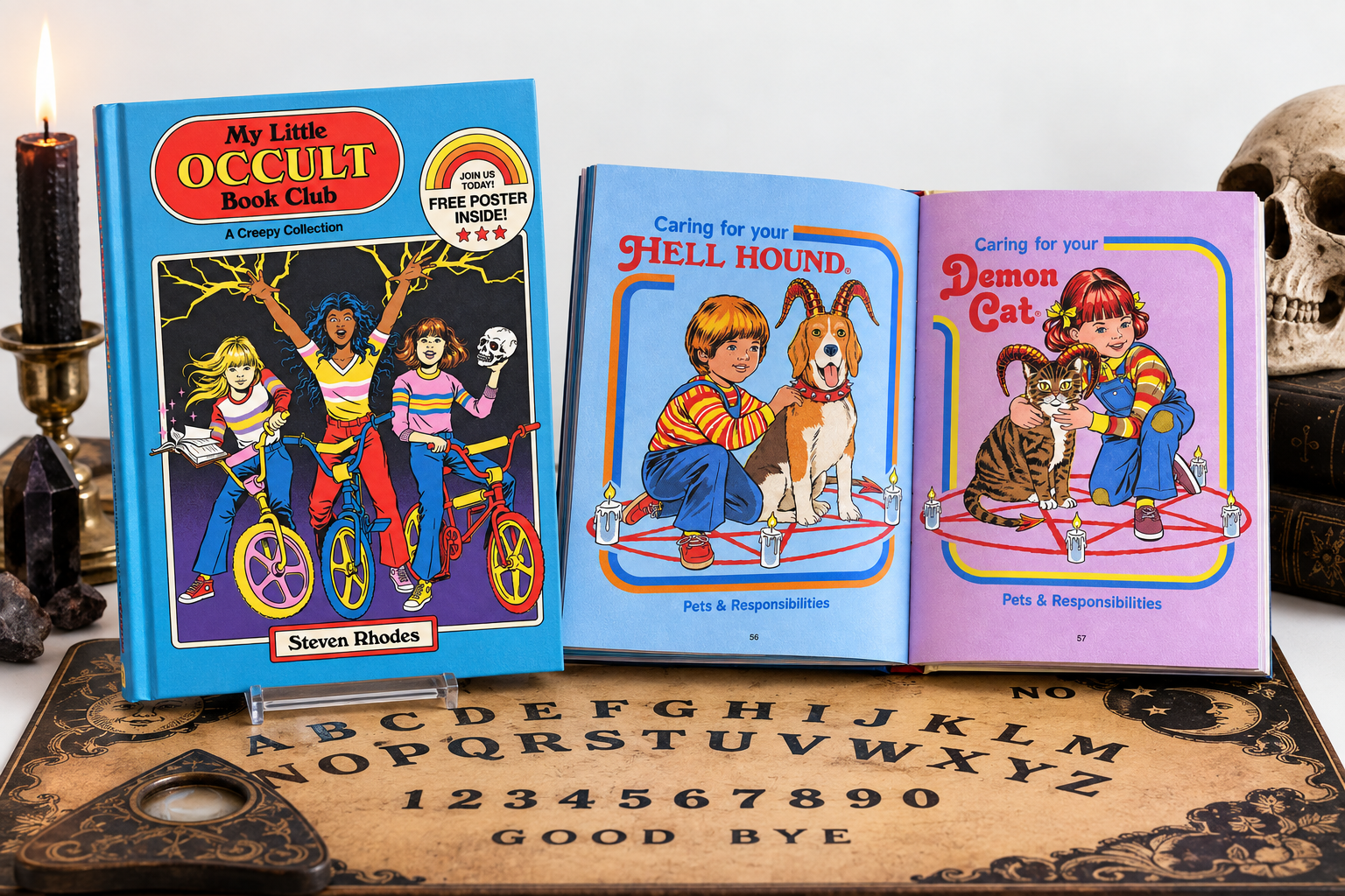 Steven Rhodes' My Little Occult Book Club book displayed open beside its cover, with colourful illustrations, a candle and Ouija board.