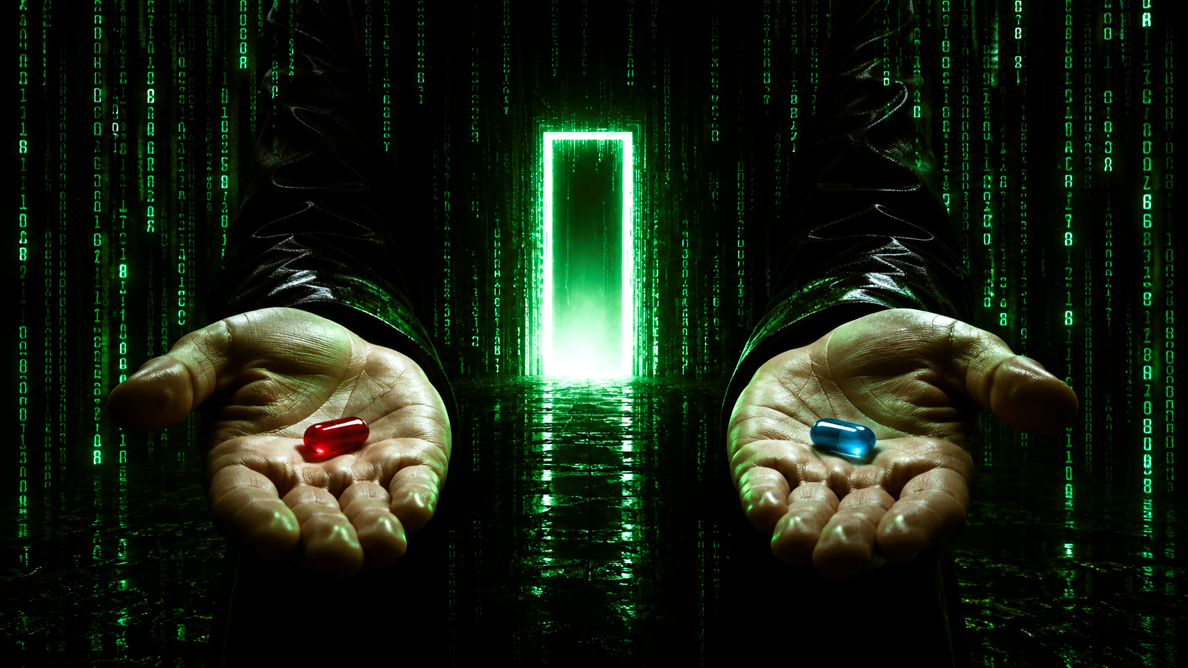 Two hands offer a red pill and blue pill before a glowing doorway surrounded by cascading green Matrix code.