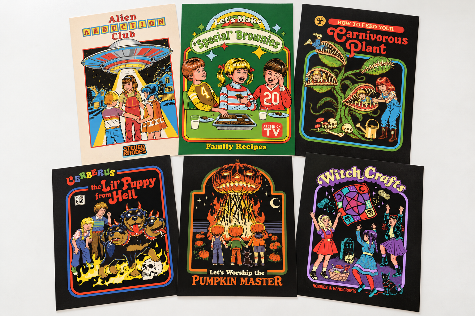 Six colourful retro horror illustrations featuring aliens, carnivorous plants, demon puppies, witchcraft and occult humour.