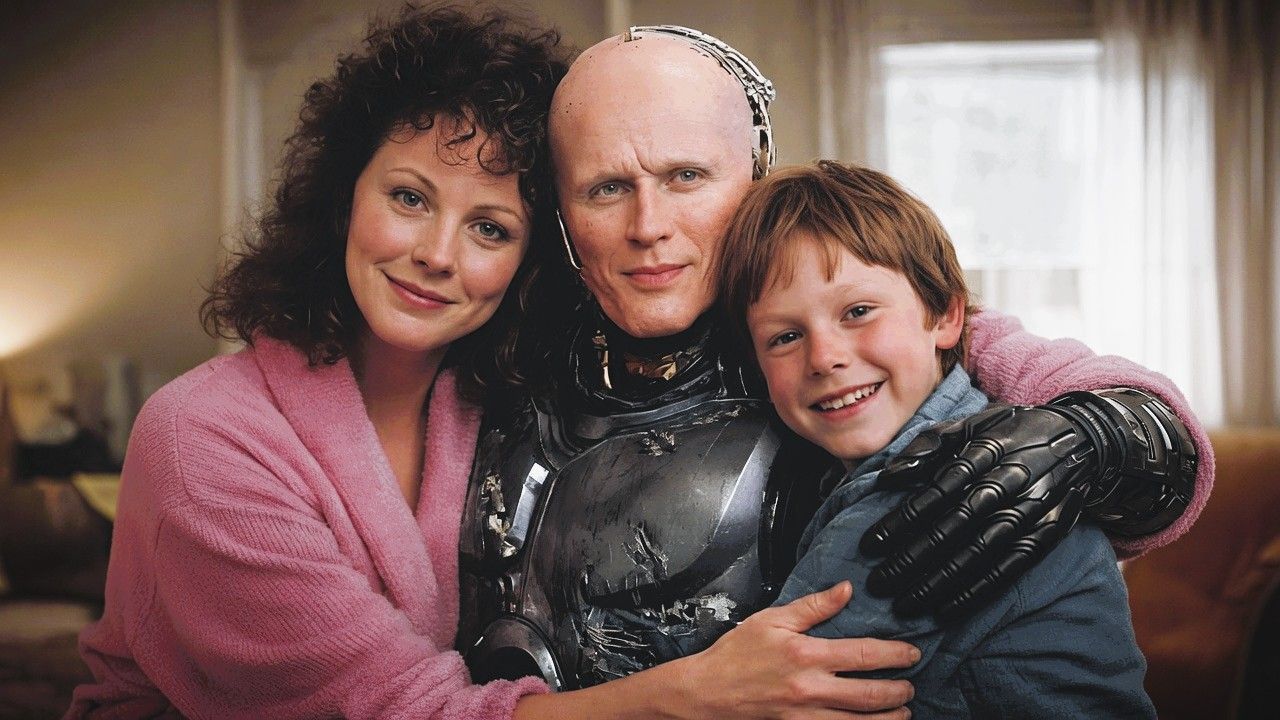 Alex Murphy reunited with his wife and son, illustrating the human heart at the centre of the RoboCop story.