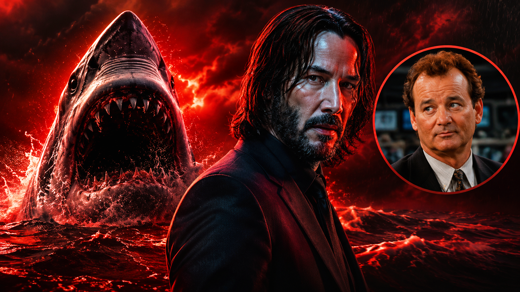 Keanu Reeves stands before a giant shark in Shiver-inspired artwork.