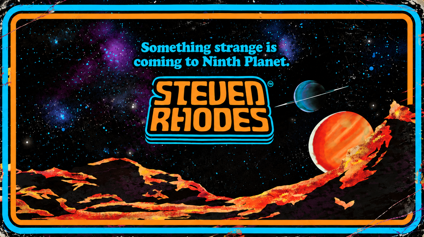 Retro Sci-fi banner announcing Steven Rhodes at Ninth Planet with orange planets and alien landscape