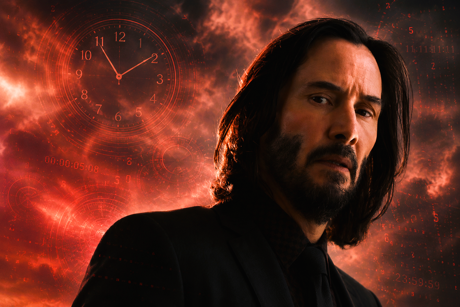 Keanu Reeves surrounded by clocks and time-loop imagery in promotional artwork for the upcoming thriller Shiver.